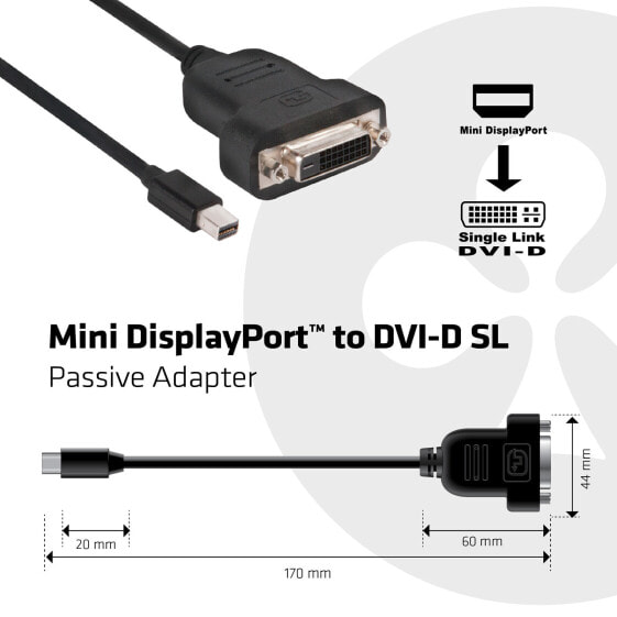 Club 3D Mini DisplayPort to DVI-D Single Link Adapter Cable - 0.13 m - Mini Displayport - DVI-D - Male - Female - 1920 x 1200 pixels