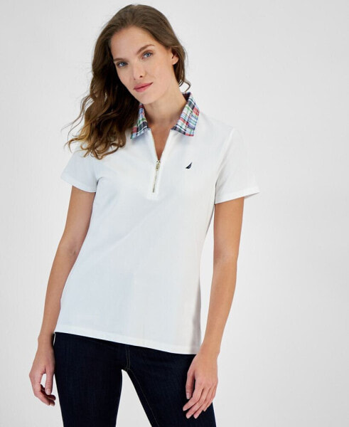 Women's Contrast-Collar Polo Short-Sleeve Top