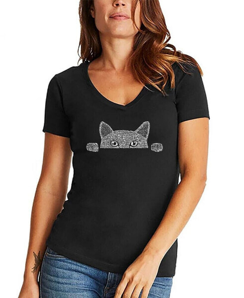 Women's Word Art Peeking Cat V-Neck T-Shirt
