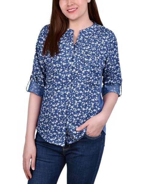 Petite 3/4 Sleeve Roll Tab Chambray Blouse