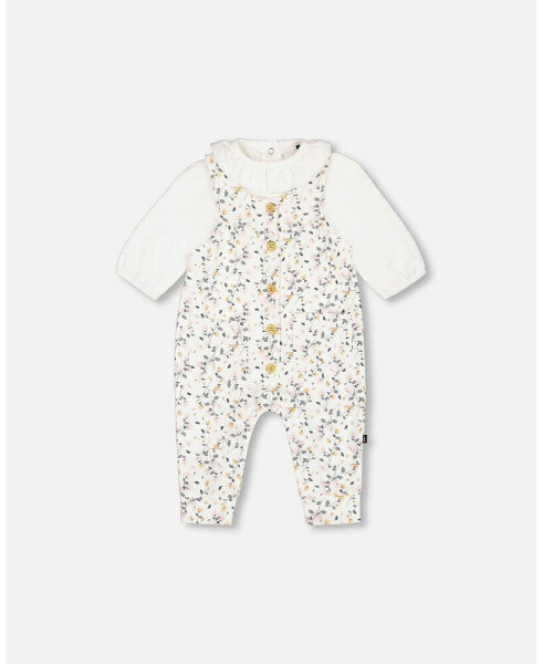 Baby Girls Baby Organic Cotton Onesie And Printed Overall Set Cream With Flowers