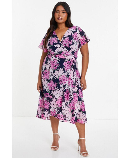 Plus Size Floral Print Midi Dip Hem Dress