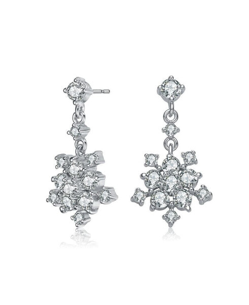 Sterling Silver with Rhodium Plated Clear Round Cubic Zirconia Cluster Flower Style Drop Earrings