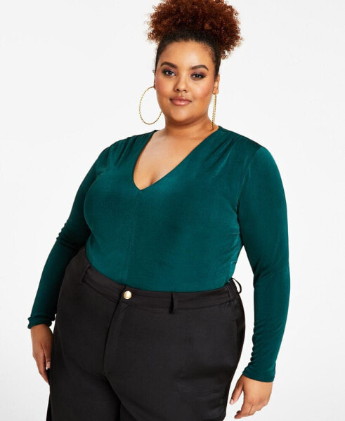 Trendy Plus Size V-Neck Long-Sleeve Top