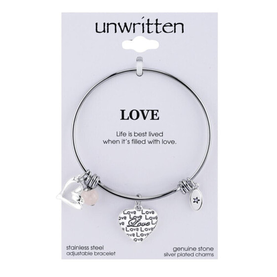 Love Charm and Rose Quartz (8mm) Bangle Bracelet in Stainless Steel with Silver Plated Charms