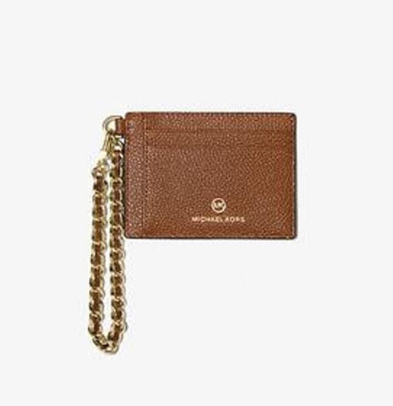 MICHAEL Michael Kors Small Pebbled Leather Chain Card Case Brown Gold
