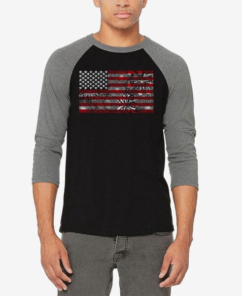 Men's Raglan Baseball Word Art Fireworks American Flag T-shirt