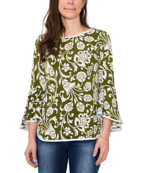 Petite Bell-Sleeve Contrast-Trim Printed Knit Top