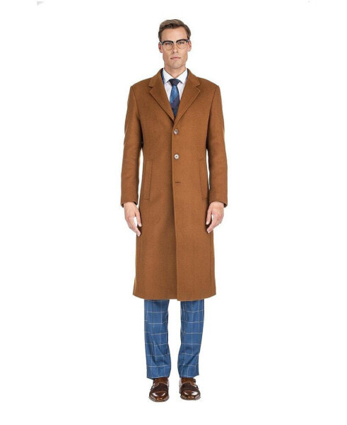 Men's Knee Length Wool Blend Three Button Long Jacket Overcoat Top Coat