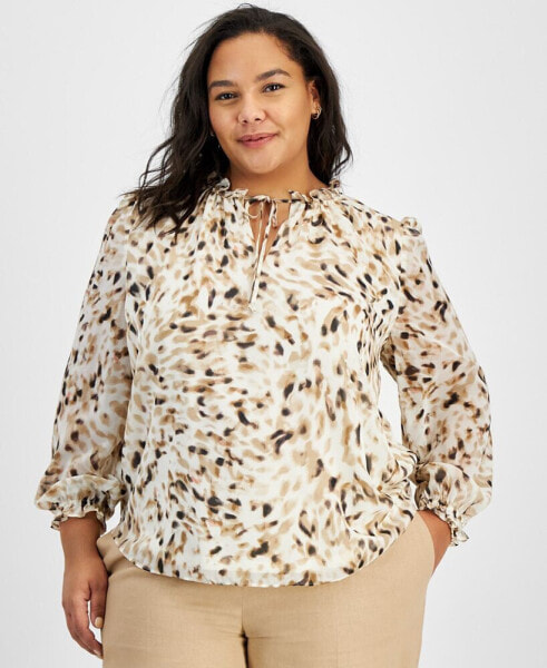 Plus Size Printed Tie-Neck Blouse, Created for Macy's