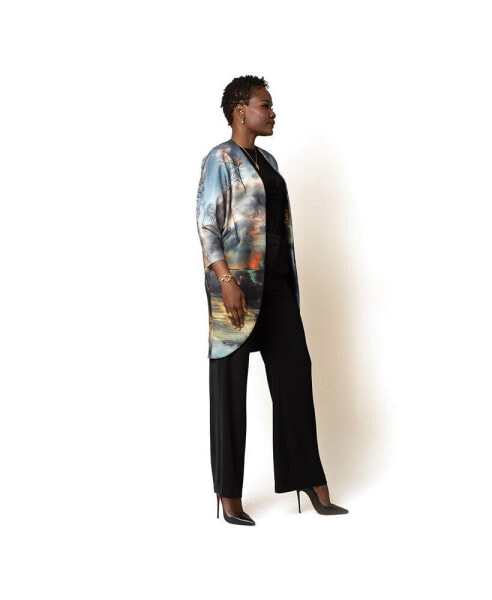 Women's V-Neck ¾- Sleeve Printed Scuba Big Pocket Kimono