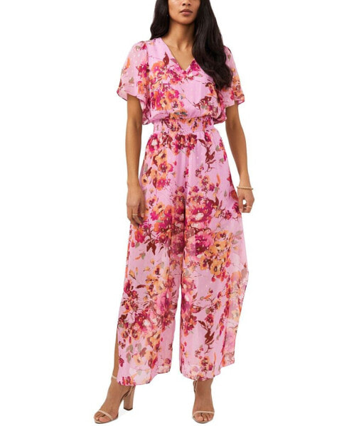 Petite V-Neck Floral-Print Chiffon Jumpsuit