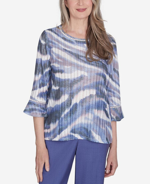 Petite Worth Avenue Watercolor Top with Three Quarter Bell Sleeves