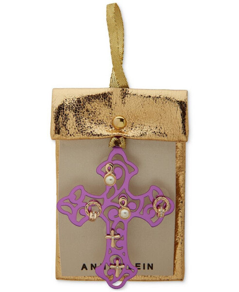 Purple Cross Ornament & Gold-Tone 3-Pc. Earrings Set