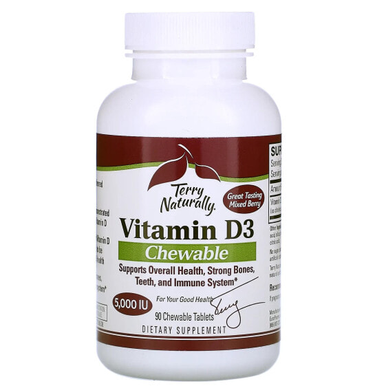 Витамин D3 Тери Натуралз, Ягоды, 5,000 МЕ, 90 Жевательных Таблеток