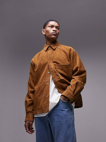 Topman Premium real suede shacket in tan