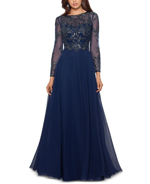 Women's Sequin Embellished Long Sleeve Chiffon Gown