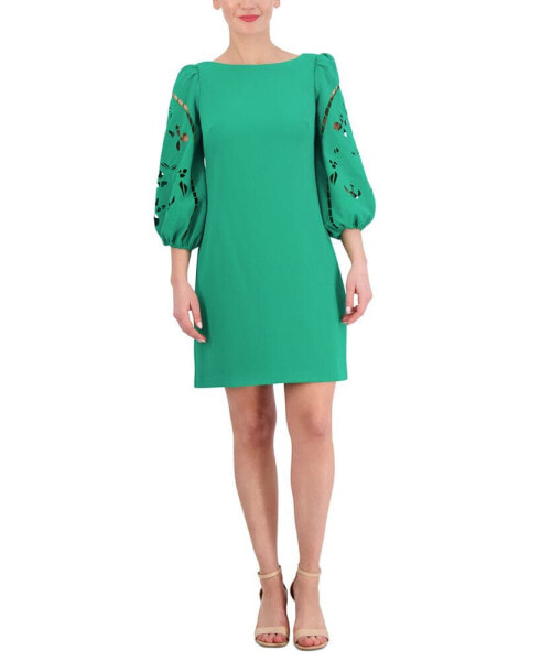 Women's Signature Stretch Crepe Embroidered-Sleeve Shift Dress