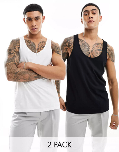 ASOS DESIGN 2 pack vest with scoop neck in black and white