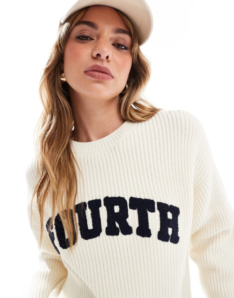 4th & Reckless knitted rib logo crew neck jumper in cream