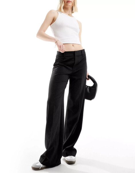 Pull&Bear wide leg pinstriped tailored trouser with contrast edge in black