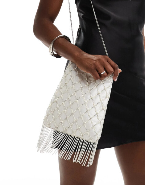 True Decadence pearl beaded bag with tassle detail in off white