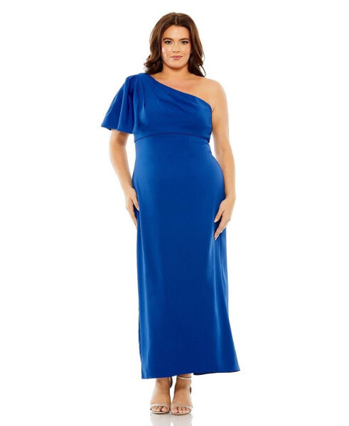 Women's Plus Size One Shoulder Tea Length Crepe Dress