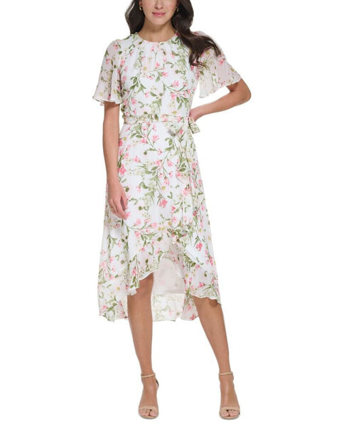 Petite Printed Flutter-Sleeve Faux-Wrap Chiffon Dress