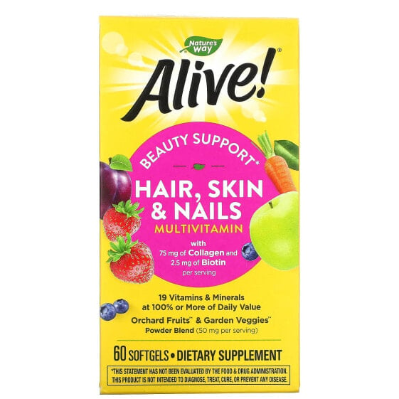 Витаминно-минеральный комплекс NATURE'S WAY Alive! для волос, кожи и ногтей, клубничный, 60 гелевых капсул