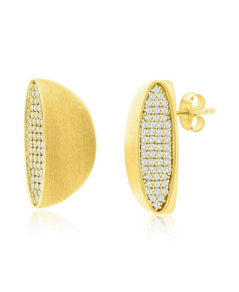 Gold Plated Over Sterling Silver Pave CZ Matte Half Circle Earrings