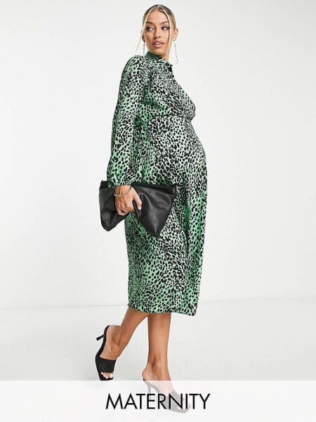 Queen Bee maternity nursing dress in green animal print