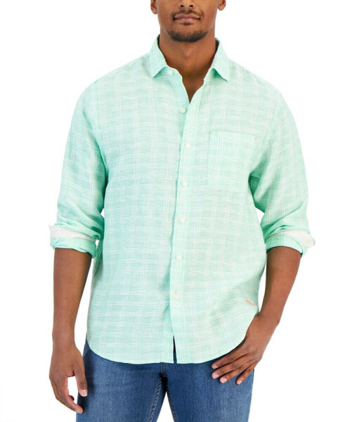Men's Linen Windowpane Textured Plaid Button-Down Shirt