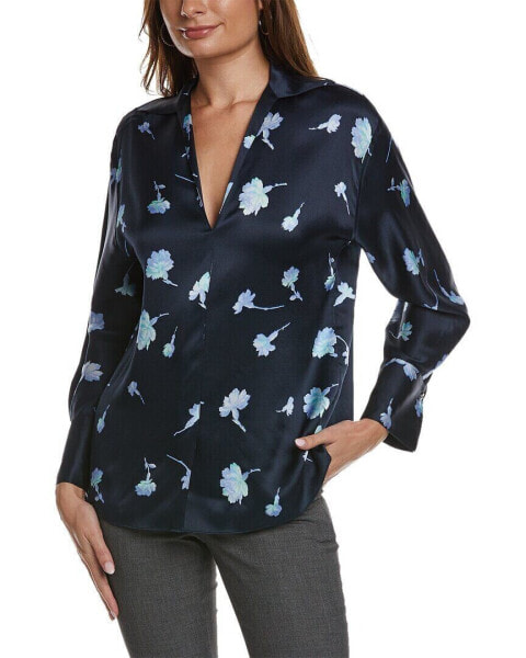 Vince Sea Carnation Shaped Collar Silk Blouse Women's Blue Xxs