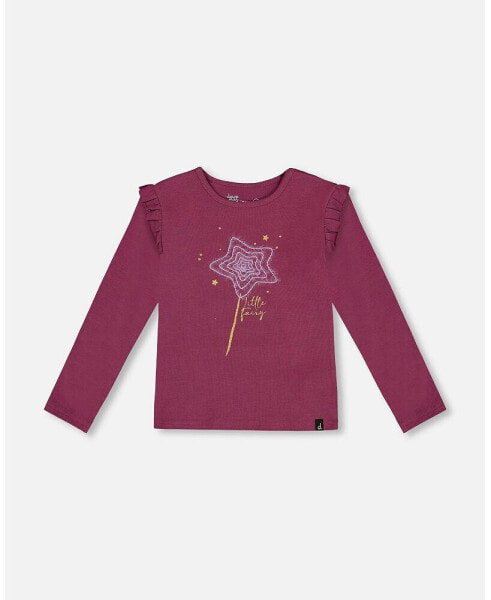 Big Girls Organic Cotton T-Shirt With Frill Burgundy