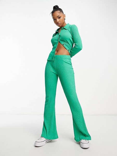 JDY soft ribbed flared trousers co-ord in bright green