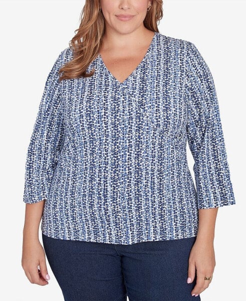 Plus Size Lets Rendez-Blue Printed 3/4 Sleeve Top