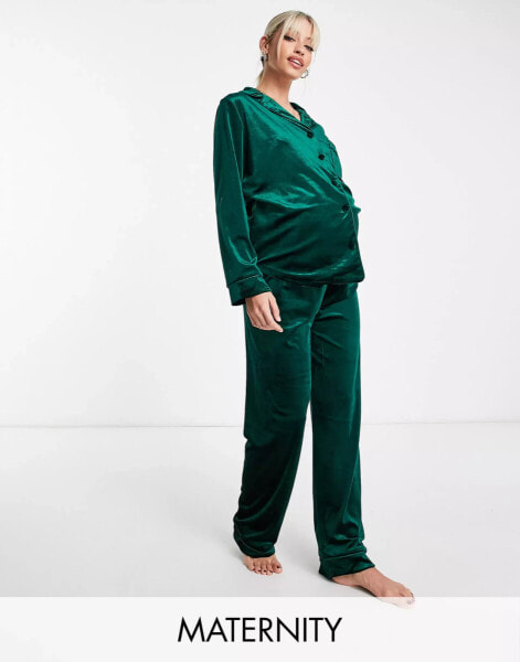 Night Maternity long velvet pyjama set with embroidered back detail in forest green