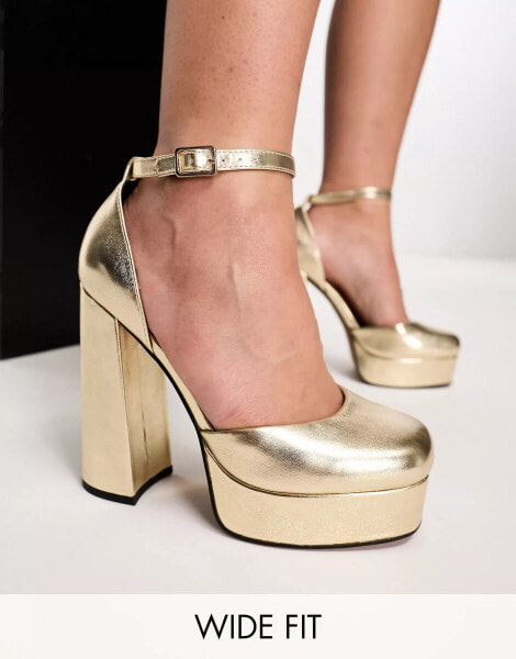 ASOS DESIGN Wide Fit – Priority – Schuhe in Gold mit Plateausohle und hohem Absatz, weite Passform