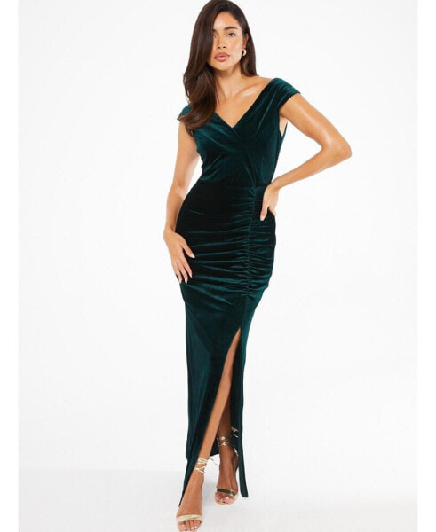 Women's Velvet Bardot Ruched Maxi Dress