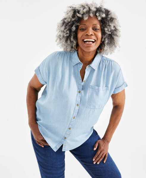 Plus Size Chambray Camp Shirt, Created for Macy's