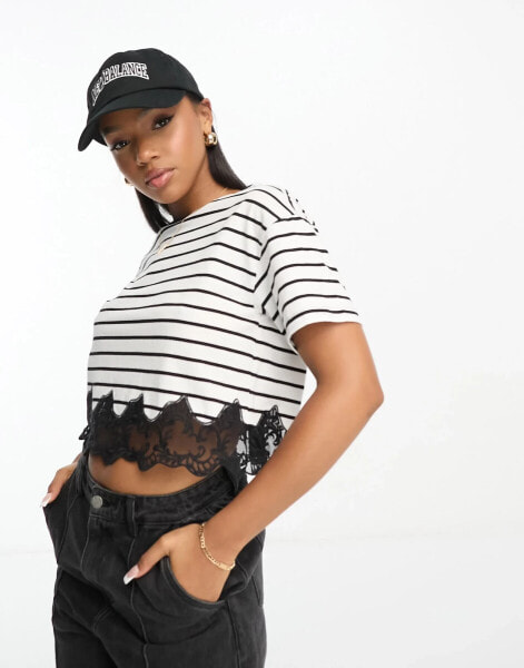 Miss Selfridge boxy short sleeve stripe crop top with lace hem in black and white