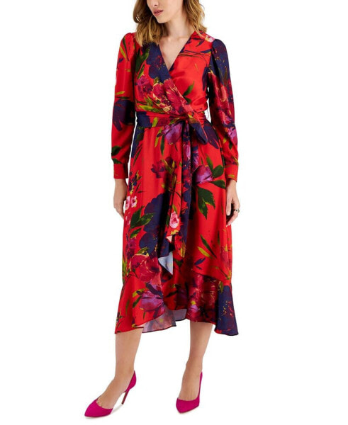 Women's Floral Faux-Wrap Long-Sleeve Midi Dress