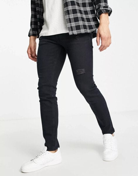 Jack & Jones Intelligence – Liam – Enge Jeans in Schwarz mit Zierrissen