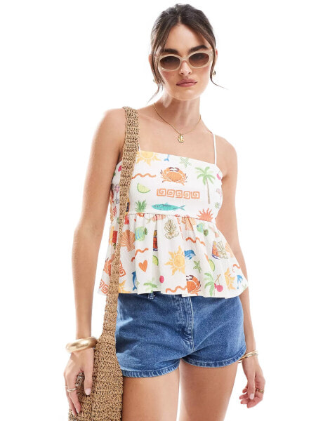 ASOS DESIGN textured peplum cami top in postcard print