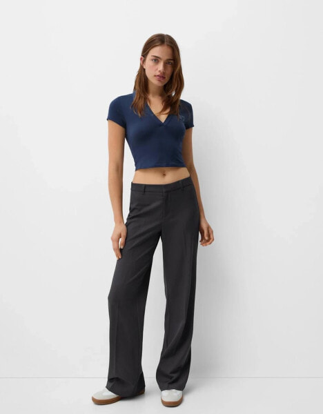 Bershka wide leg tailored trousers in charcoal