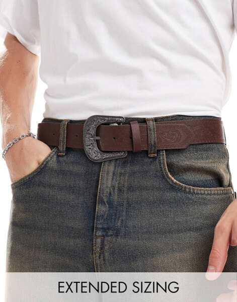 ASOS DESIGN faux leather embossed western belt in brown