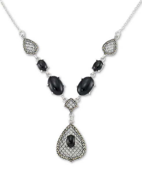 Onyx & Marcasite (1/2 ct. t.w.) Teardrop Pendant Necklace in Sterling Silver, 18" + 2" extender