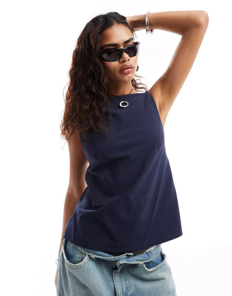 Weekday Fleur high neck cami top with exposed back in navy