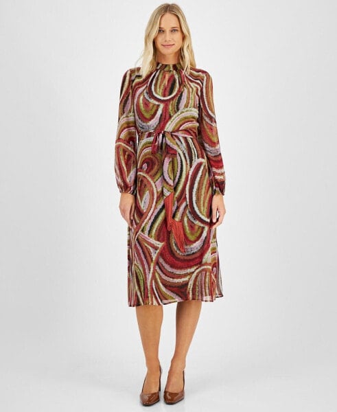 Women's Printed Belted Midi Dress