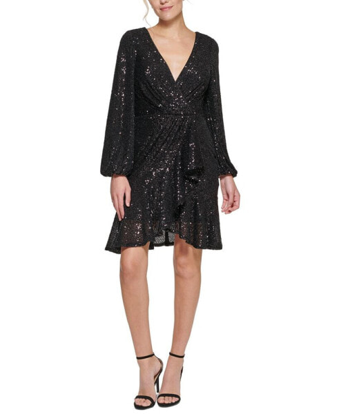 Sequinned Faux-Wrap Fit & Flare Dress